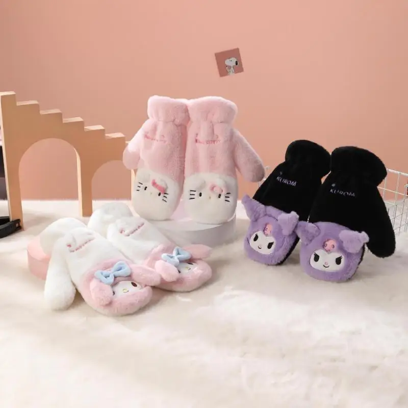 Sanrio Hello Kitty My Melody Kuromi Anime Cartoon Warm Plush Gloves Outdoor Cold and Windproof Plush Gloves Christmas Gift