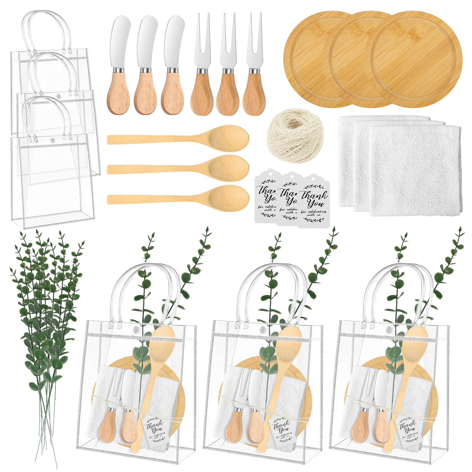 

55Pcs Baby Shower Cheese Prizes for Game Winners Bamboo Cheese Board Spoon Fork Butter Spreaders Present Bags for Wedding Party