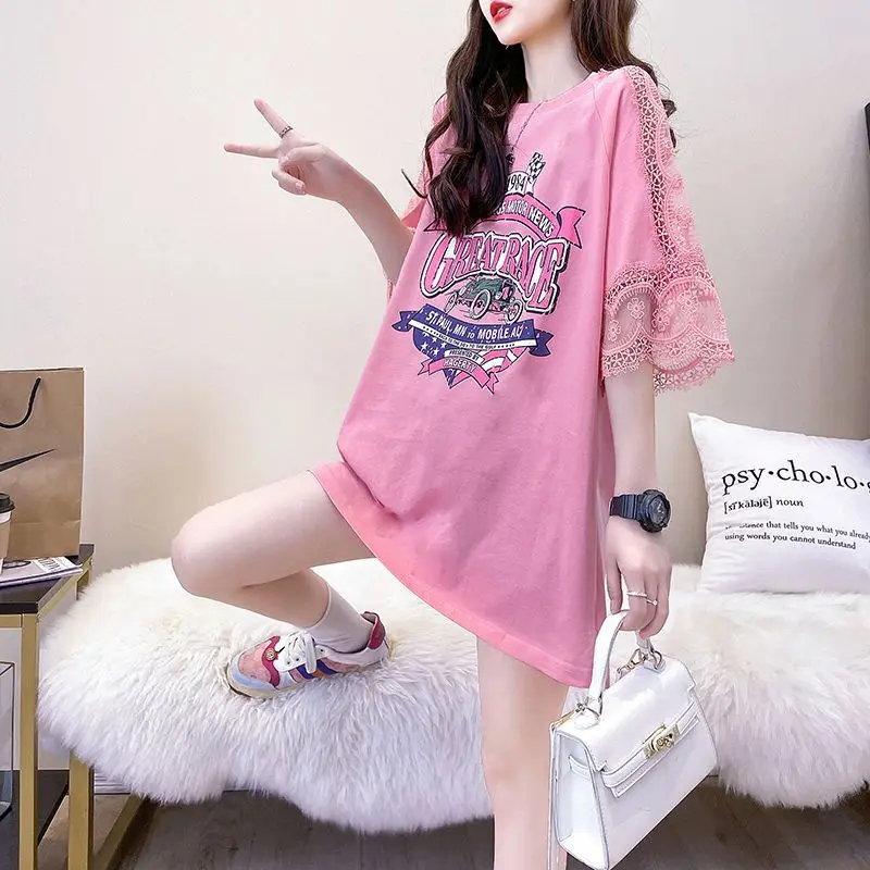 Korean Letter Printed Spliced T-shirt Summer New O-Neck Casual Fashion Lace Female Clothing Loose Commute Short Sleeve Pullovers