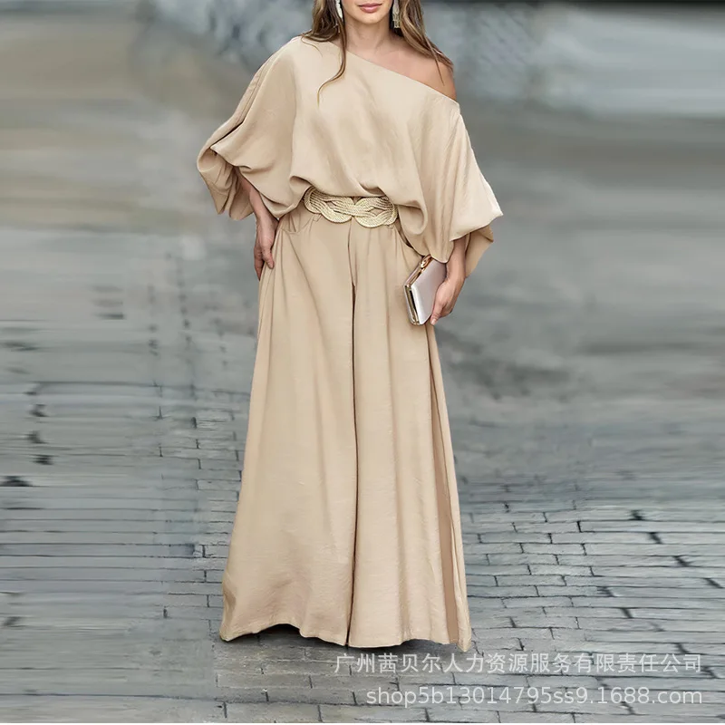 

Pant Set Women Two Piece Sets Lantern Sleeve Oblique Shoulder Tops Wide Leg Long Pants High Waist Y2k Streetwear Party Elegant