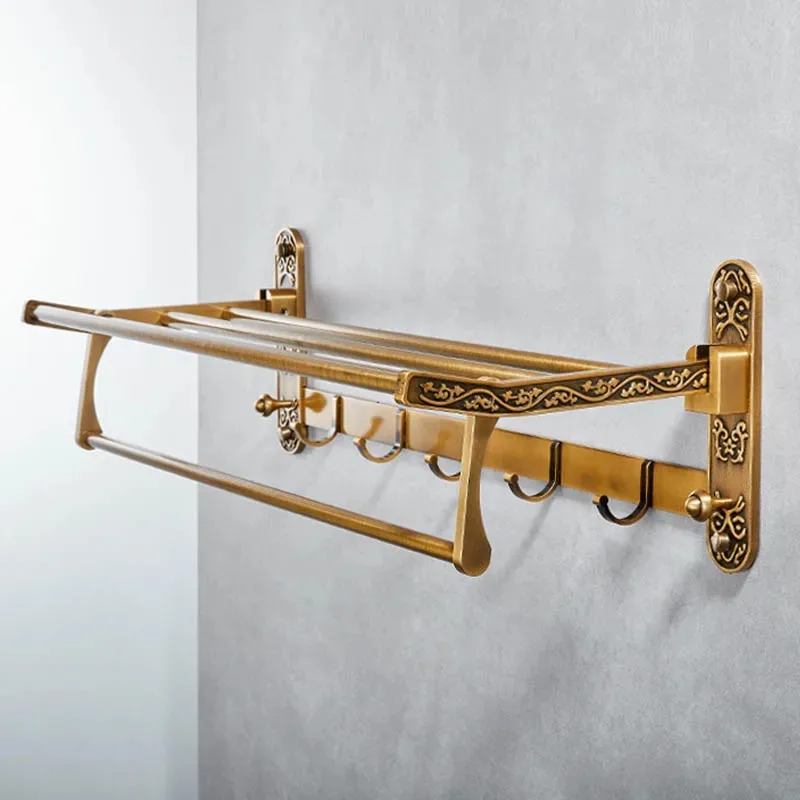 

Foldable Antique Brass Towel Rack, Double Shelf Bathroom Holder with Hooks, Space Saving Bath Accessories for Wall Mounting