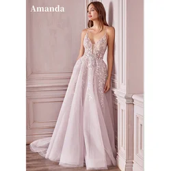 Amanda Princess Robe De Soirée Light Pink Spring فساتين مناسبة رسمية 2023 Lace Embroidery Evening Dress Sweet Prom Dress 2023