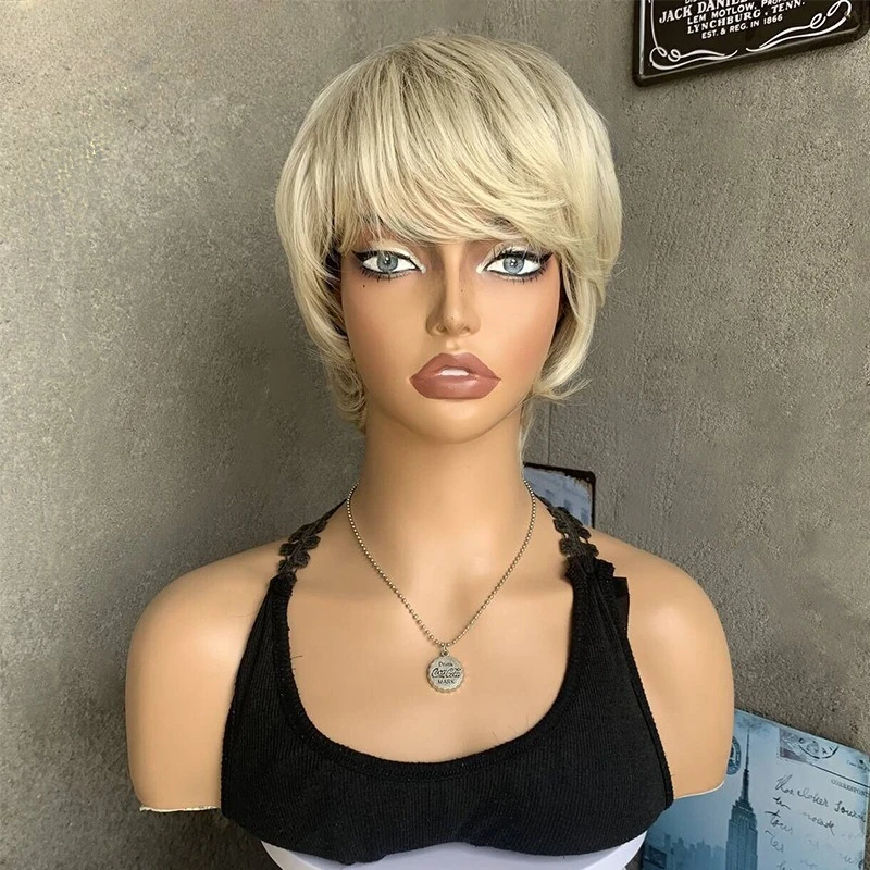 

Hot-selling short straight hair light blonde European and American fashion natural matte high temperature silk wig women's headg