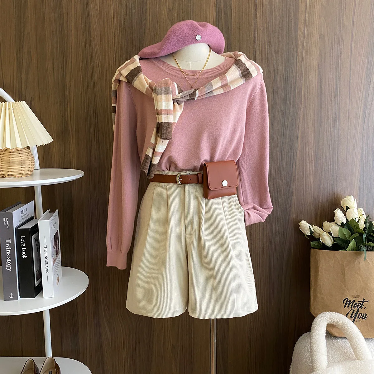 Frauen Herbst Winter Vintage Hohe Taille Breite Bein Cord Shorts Dame Casual Einfarbig Lose Kurze Hosen