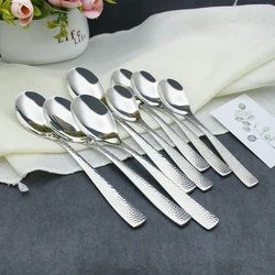 Creative Silver Dinner spoon Teaspoon Set Stainless Steel Silver Hammered Dots Soup Coffee Dessert Tea Spoons Silverware 6pcs