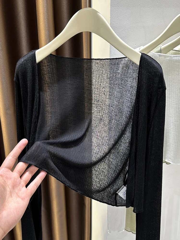 

Летний тонкий вязаный кардиган из ледяного шелка для женщин, укороченный, с защитой от УФ-излучения, модный, короткий, с бретельками на плечах, верхняя одежда.