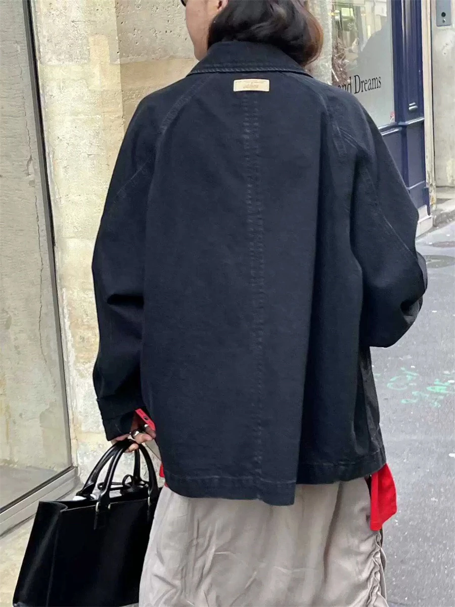 

Workwear Sle Denim Jaet Spring 2025 Loose Fit Long Sve Collar Button Closure Pure Color Quali Fabric