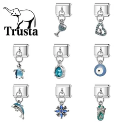 Trusta 2024 Cute Star Heart Dolphin CZ Charm Italian Links 9mm Bracelet Stainless Steel for Women DIY Jewelry Wholesale N087