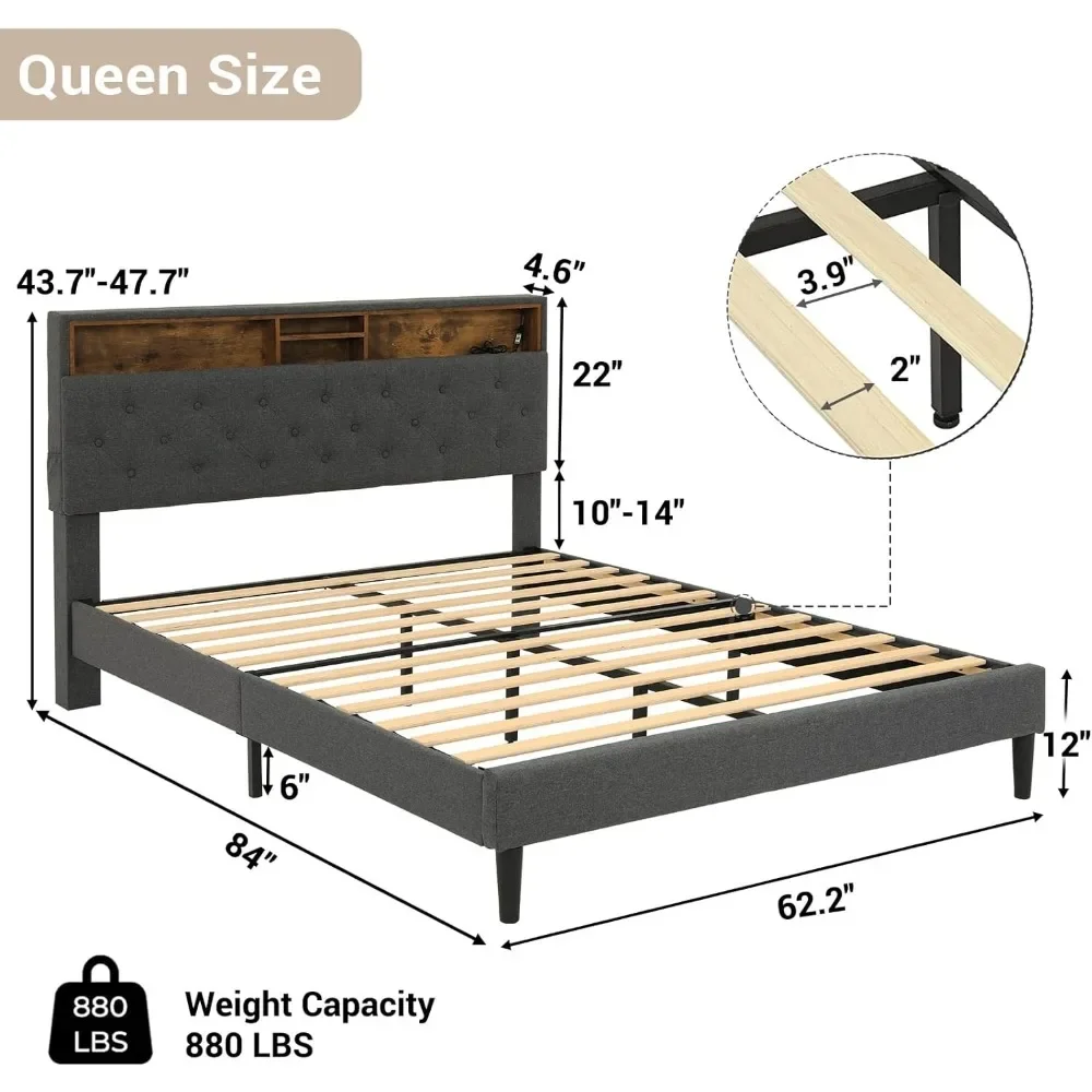 LED Bed Frame Queen Size with Charging Station, Queen Bed Frame with Headboard Storage, Button Tufted Upholstered Bed, Dark Grey