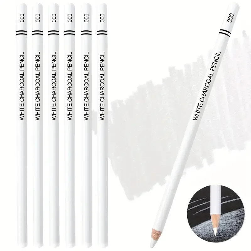 White Charcoal Pencils Drawing Set, Professional 6 Pieces White Sketch Pencils for Drawing, Sketching, Shading, Blending, White