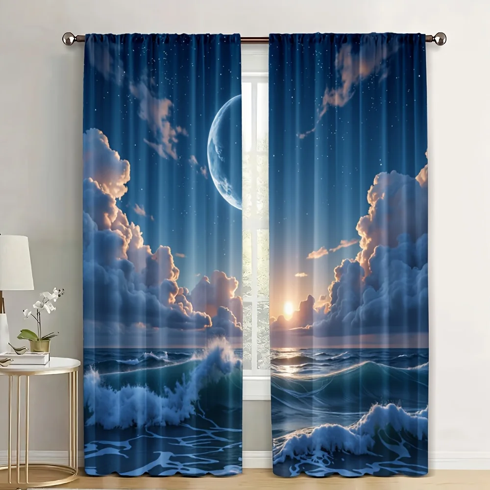 2pcs Moonlit Sea View Curtains – Featuring Sunset Waves and Moon Design, Perfect for Bedroom Decor in a Coastal Style Space