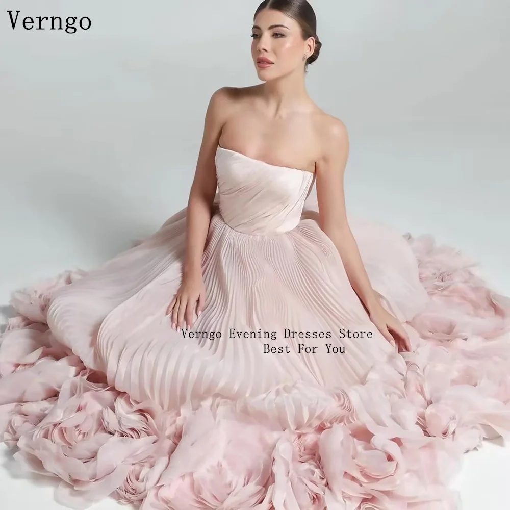 Verngo Pink Tulle Evening Dress Strapless 3D Flowers A Line Prom Party Dress Arabic Prom Party Dress Customized