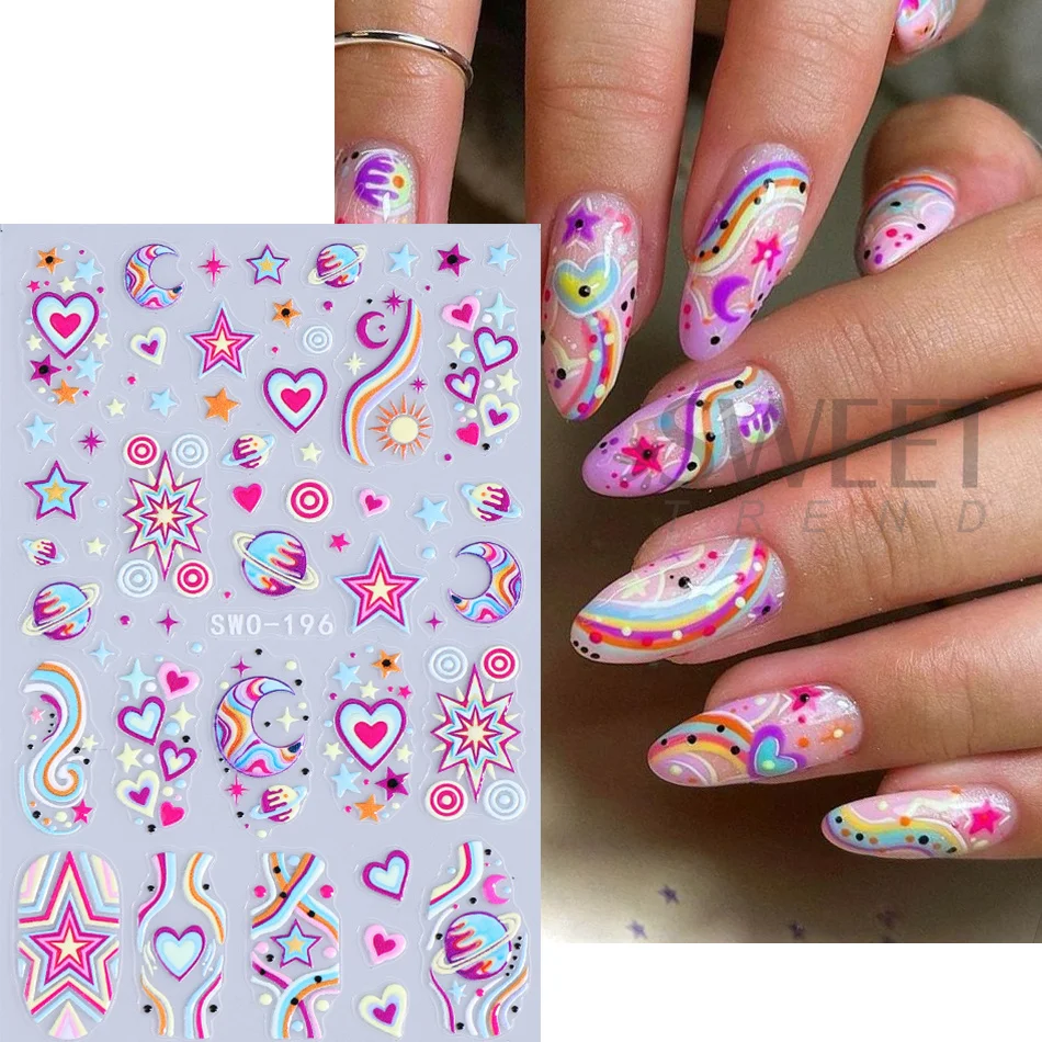 2 Stück Y2K Bunte Planeten-Stern-Herz-Nagelaufkleber Regenbogen-Mond-Galaxie Selbstklebende Nagelsticker DIY Maniküre-Dekoration Slider – Detail 3