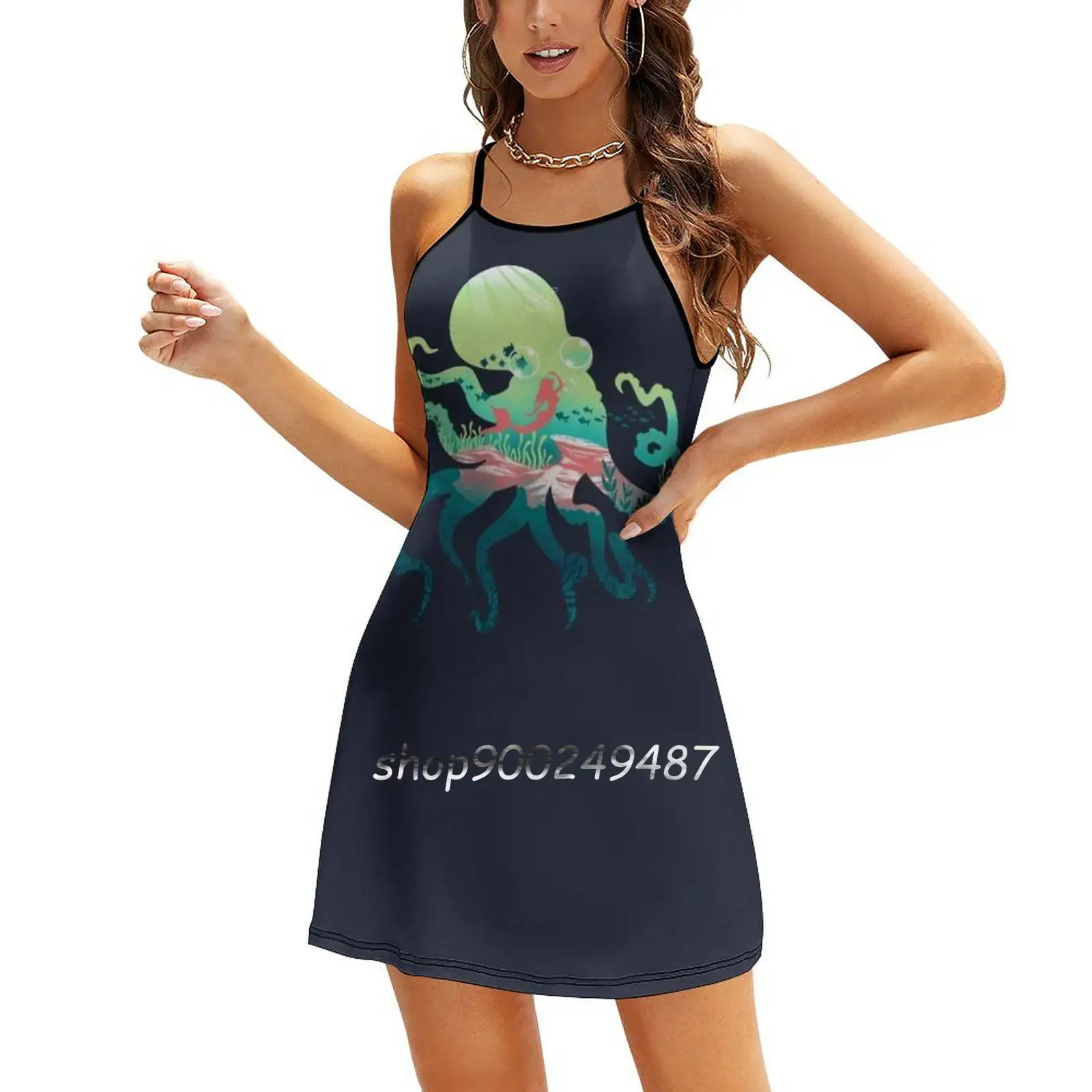 Wonder Sea Sweetheart Knot Flared Dress Fashion Design Large Size Loose Dress Artsy Artistic Mermaid Octopus Negative Space