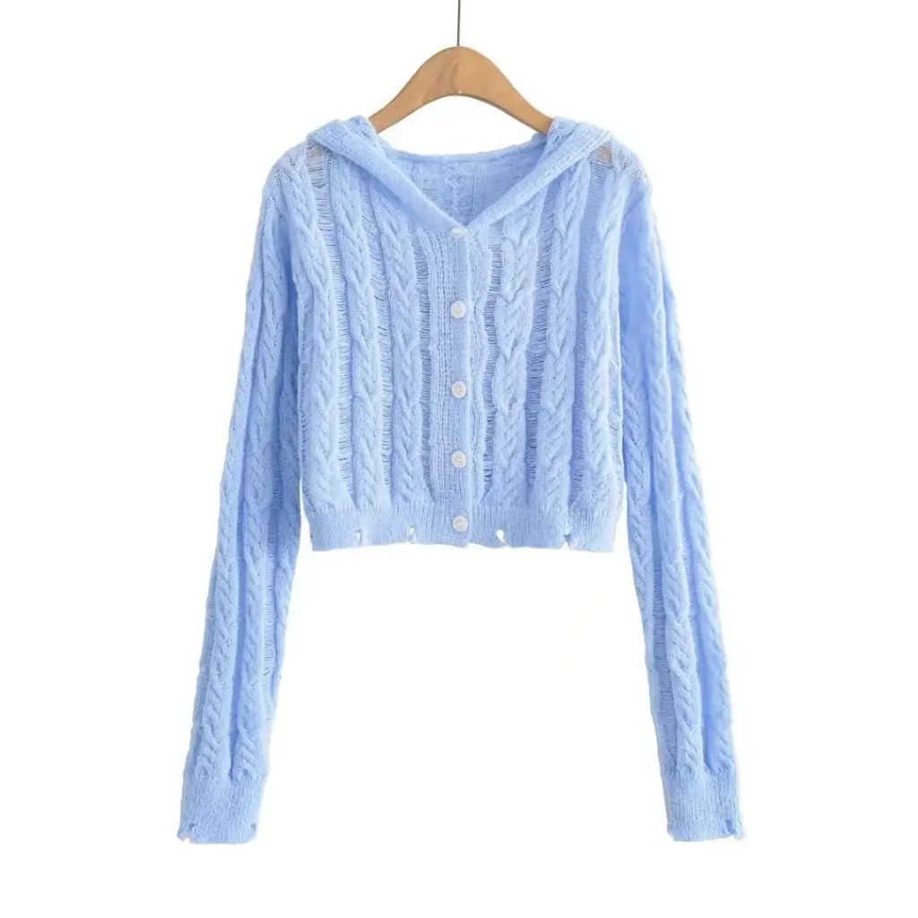 

Women's round Neck Hooded Knitted Cardigan Single-Breasted Short Sweater Coat Autumn Winter Fashion Broken Edge Cut Design