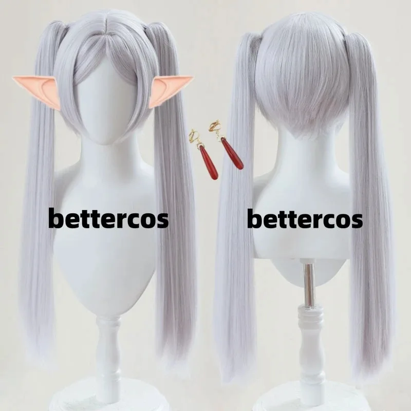 Peluca de Cosplay Frieren, pelucas Frieren largas de alta calidad, color gris plateado, pelo sintético resistente al calor, pelucas de Anime para fiesta + gorro de peluca