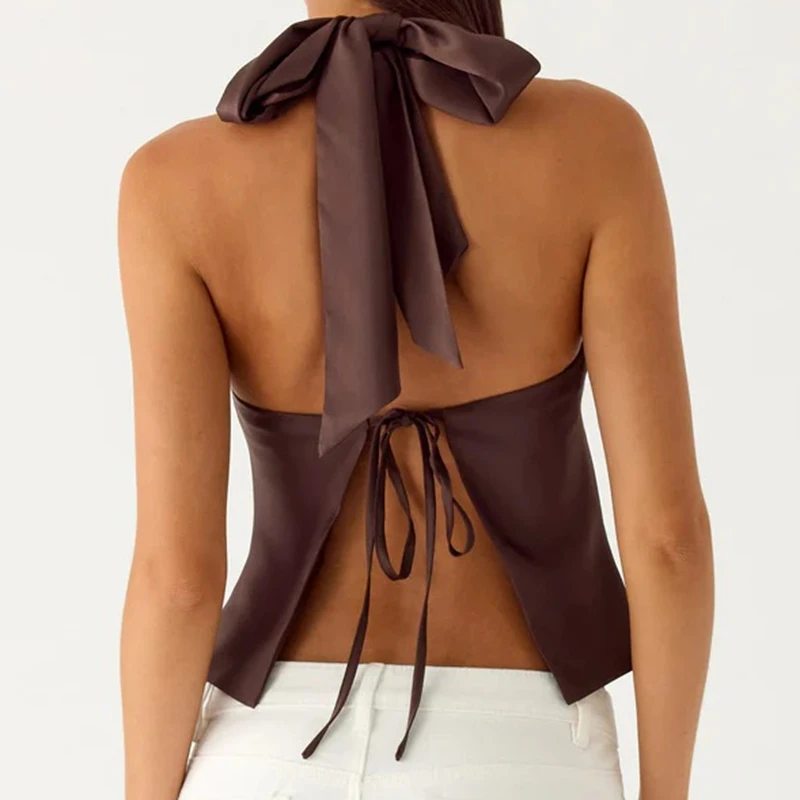 

Vest for Party Basic Women's Summer Halter Tank Tops Solid Color Sleeveless Backless Tie-up Cropped