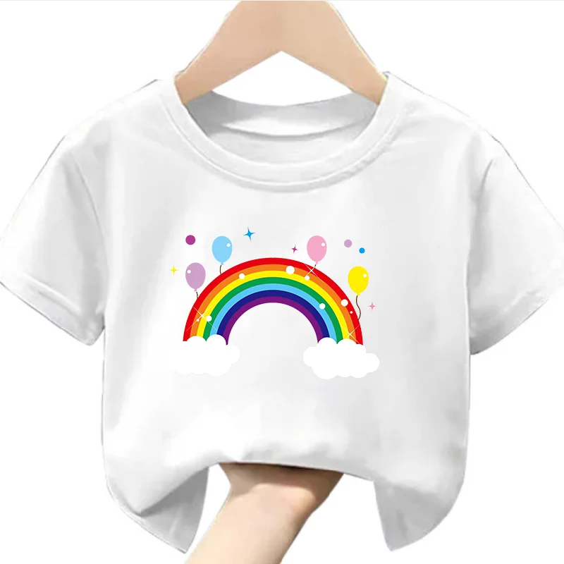 

Стильная повседневная и удобная футболка с круглым вырезом и короткими рукавами с рисунком радуги, детская одежда, одежда для девочек
