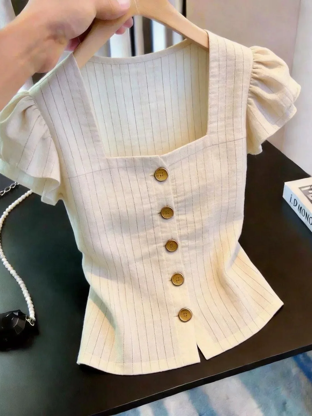 

Slim Fit Striped Design Square Collar Short Sleeve Top Beautiful Soft Fashionable Summer Versatile Women's Shirt Korean Style