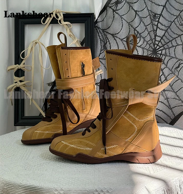 

Faux Suede Retro Short Boots for Women Sports Style Lace-Up Boots Designer Style Booties Women's High Increase Shoes Botas Mujer