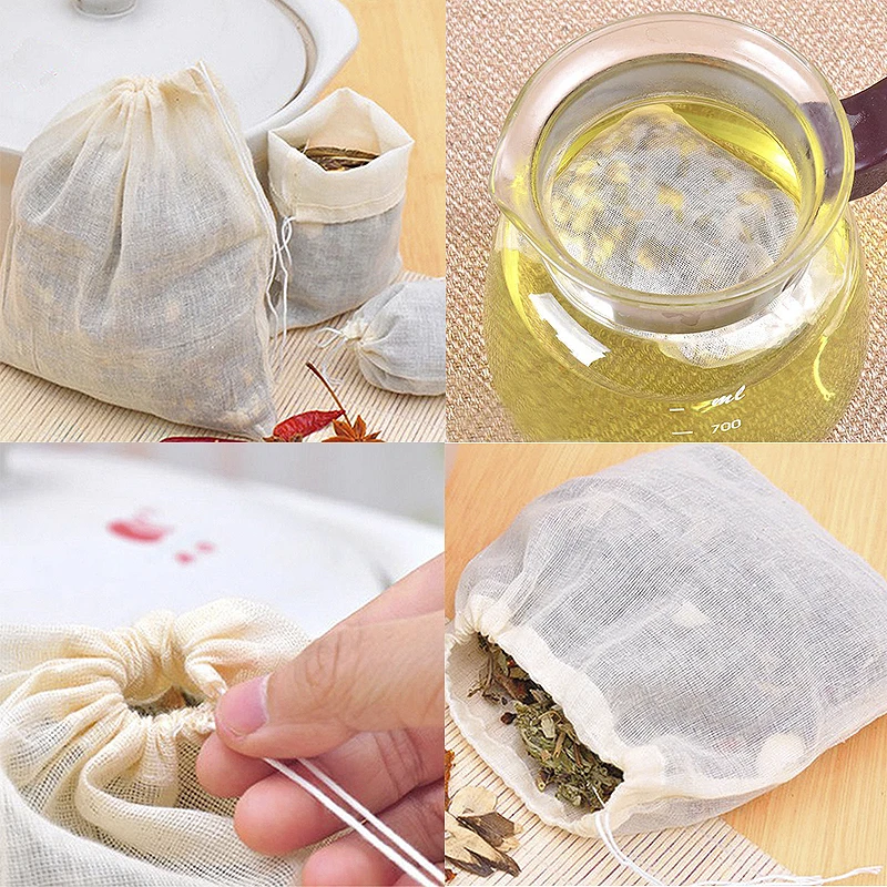 10pc Cotton Muslin Drawstring Filter Bags Reusable Tea Cooking Separate Spice Food Filter Leaf Herbal Tea Bag Infuser Cotton Bag