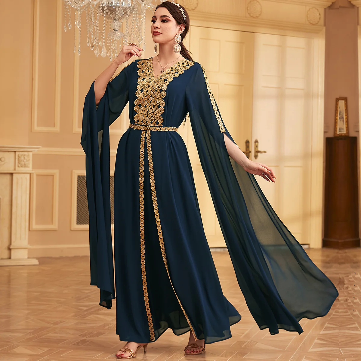 UNI Muslim Women Evening Dress Elegant Chiffon Party Embroidery Largo Tape Trim Belted Abaya Moroccan Caftan Dubai Kaftan