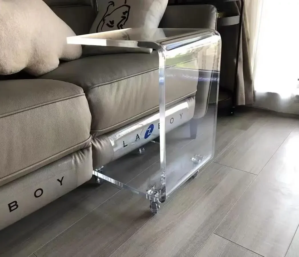 INS Acrylic Sofa Bedside Table  Luxury Transparent with Roll Wheel Movable Small Table L-type Snack Tea Side Table