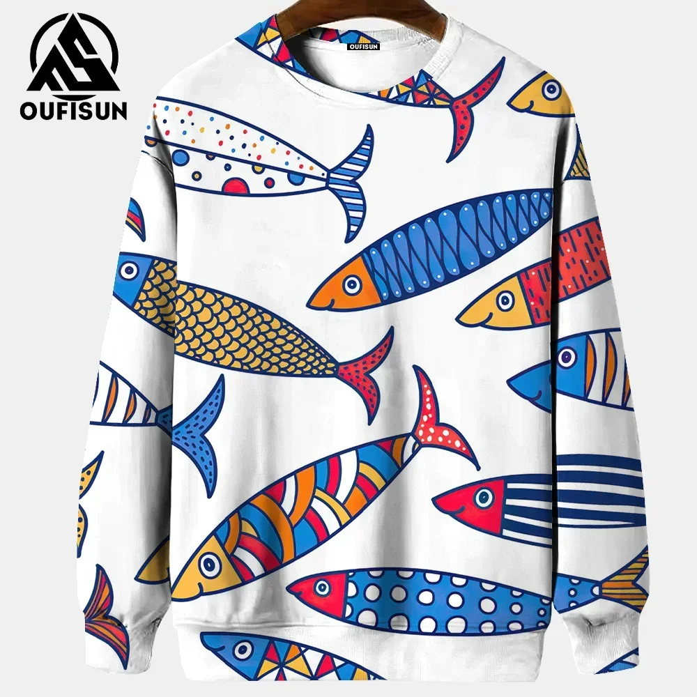 Autumn Men's Sweatshirts 3D Cartoon Fish Printed Long Sleeve T-shirts Men's Oversized Hoodies Pullovers Harajuku Fashion Men's C