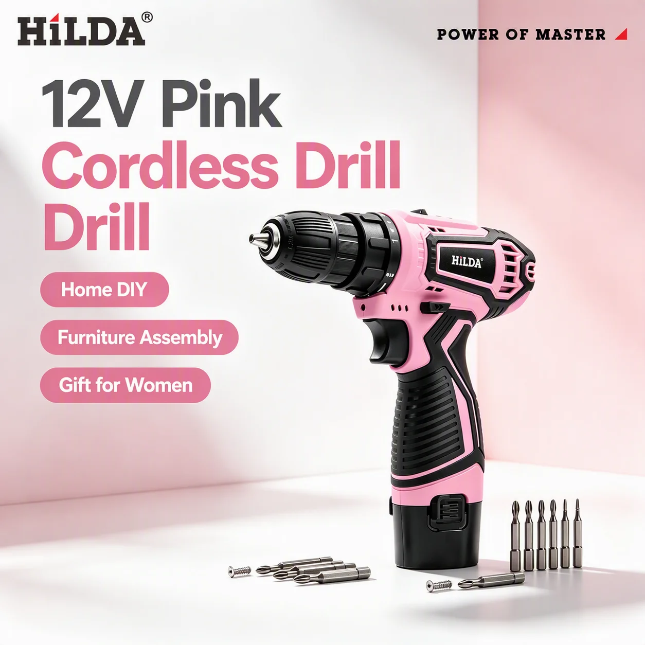 HILDA 12V Pink Cordless Drill Lithium‑Ion Electric Screwdriver Mini Power Drill Portable Hand Drill for Home DIY Power Tool Gift