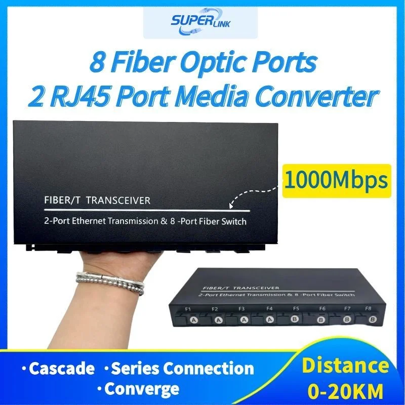 1000Mbps 8 Fiber 2 RJ45 Gigabit Media Converter, 8 SC Port Fiber Optic Switch, 20KM Single Mode Transceiver for FTTH