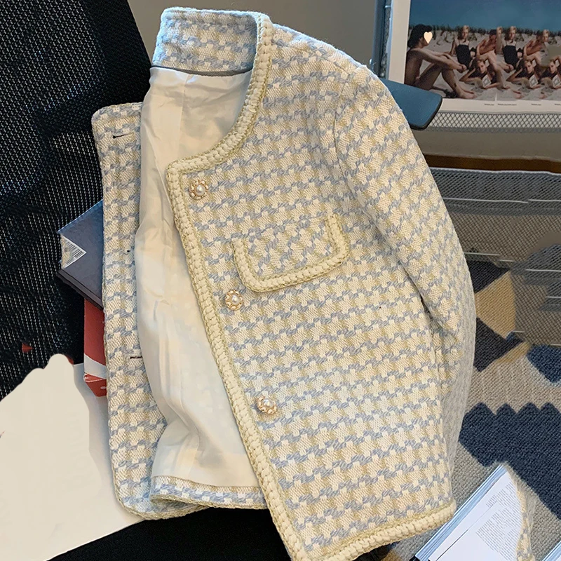 French Round Neck Tweed Short Coat Women Spring Autumn Korean Long Sleeve Plaid Outwear Woman Chic Single Breasted Crop