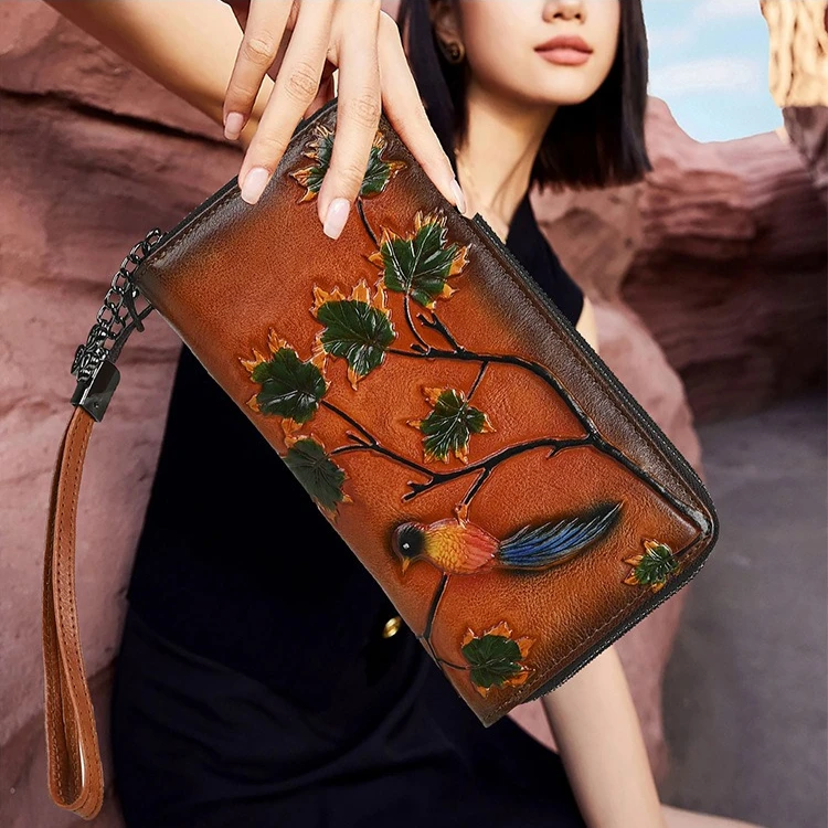 

Ladies real leather high-grade long purse retro embosed handcrafted large capacity mobile phone storage handbag