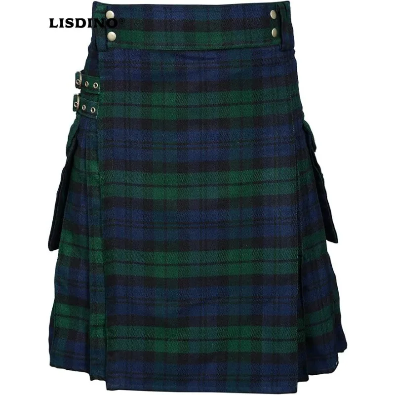 

1High Quality Fashion Men Cool Pocket Kilts Solid Color Gothic Kilt Vintage Warrior Cargo Kilt Metal Belt Pleated Skirt