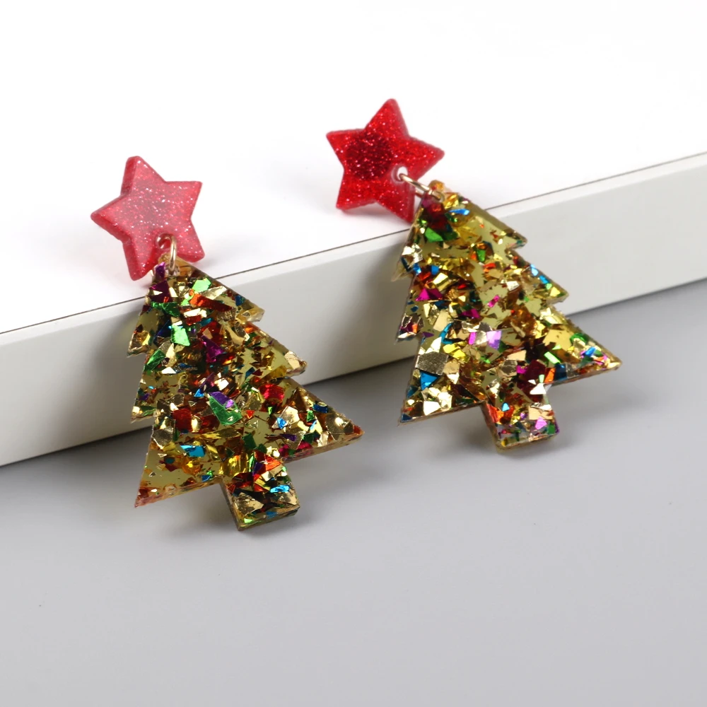 New Glitter Acrylic Christmas Tree Drop Earrings for Women Trendy Colorful Star Plant Statement Earring Xmas Party Jewelry Gifts