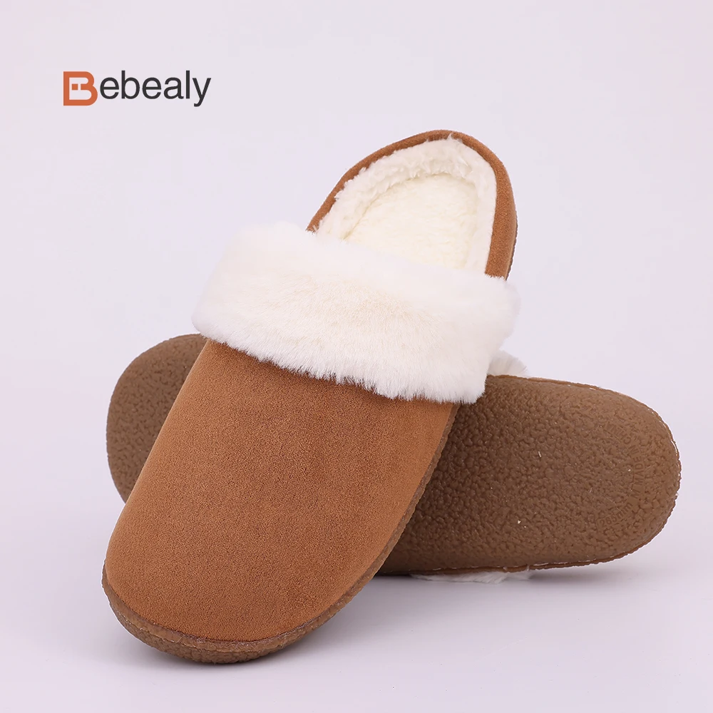 

Bebealy Winter Women's Plush Suede Slippers Indoor Fur Collar Home Slippers Classic Fuzzy Faux Antiskid Slipper With Rubber Sole