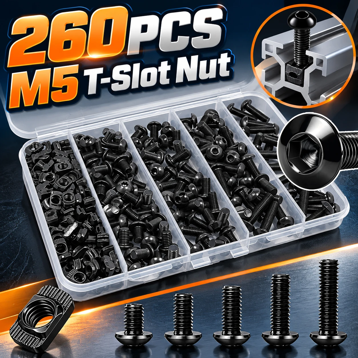 260PCS M5 T-Nut Screw Set for 2020 Aluminum Extrusion, M-Lok Rail Mount Hardware Fastener Kit