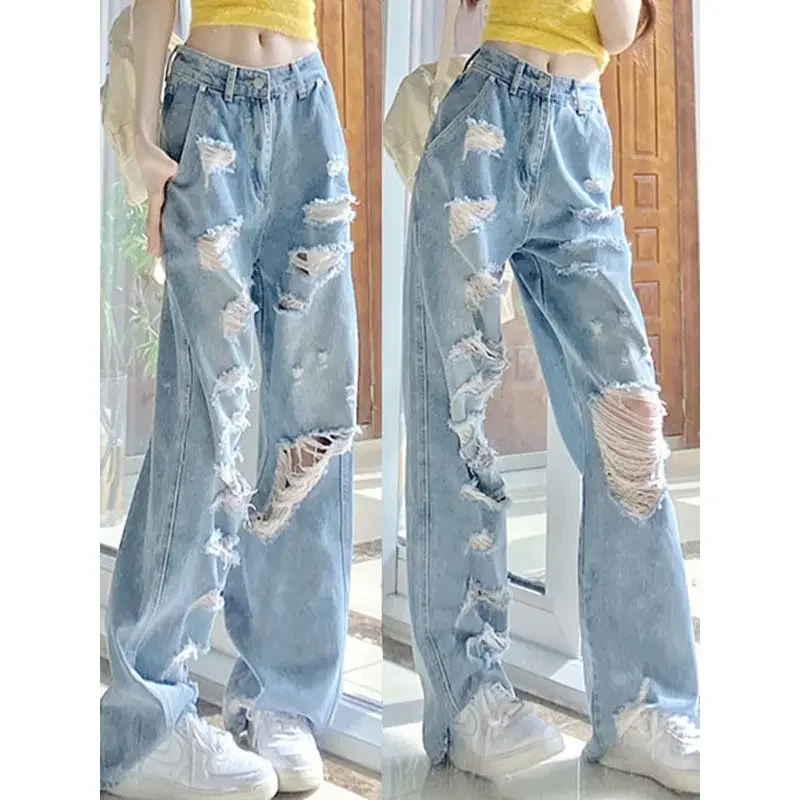 

Loose Slimming Design Wide-leg Trousers Trendy High Street Hot Girl Ripped Jeans Women New Straight-leg