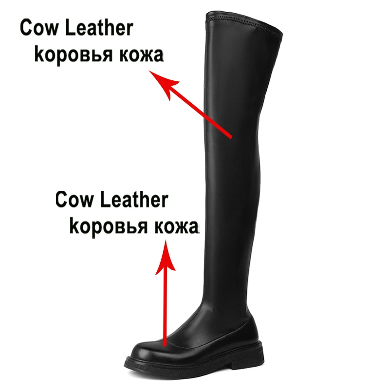 Meotina Women Genuine Leather Over-the-Knee Boots Round Toe Platform Flats Zipper Long Boots Lady Fashion Shoes Autumn Winter 40