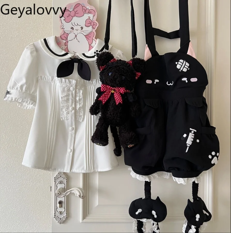 

Cute Cartoon Soft Girl Doll Collar Short Sleeve Shirt Top Embroidered Printed Lace Strap Bud-Waisted Shorts Women's Summer Suit