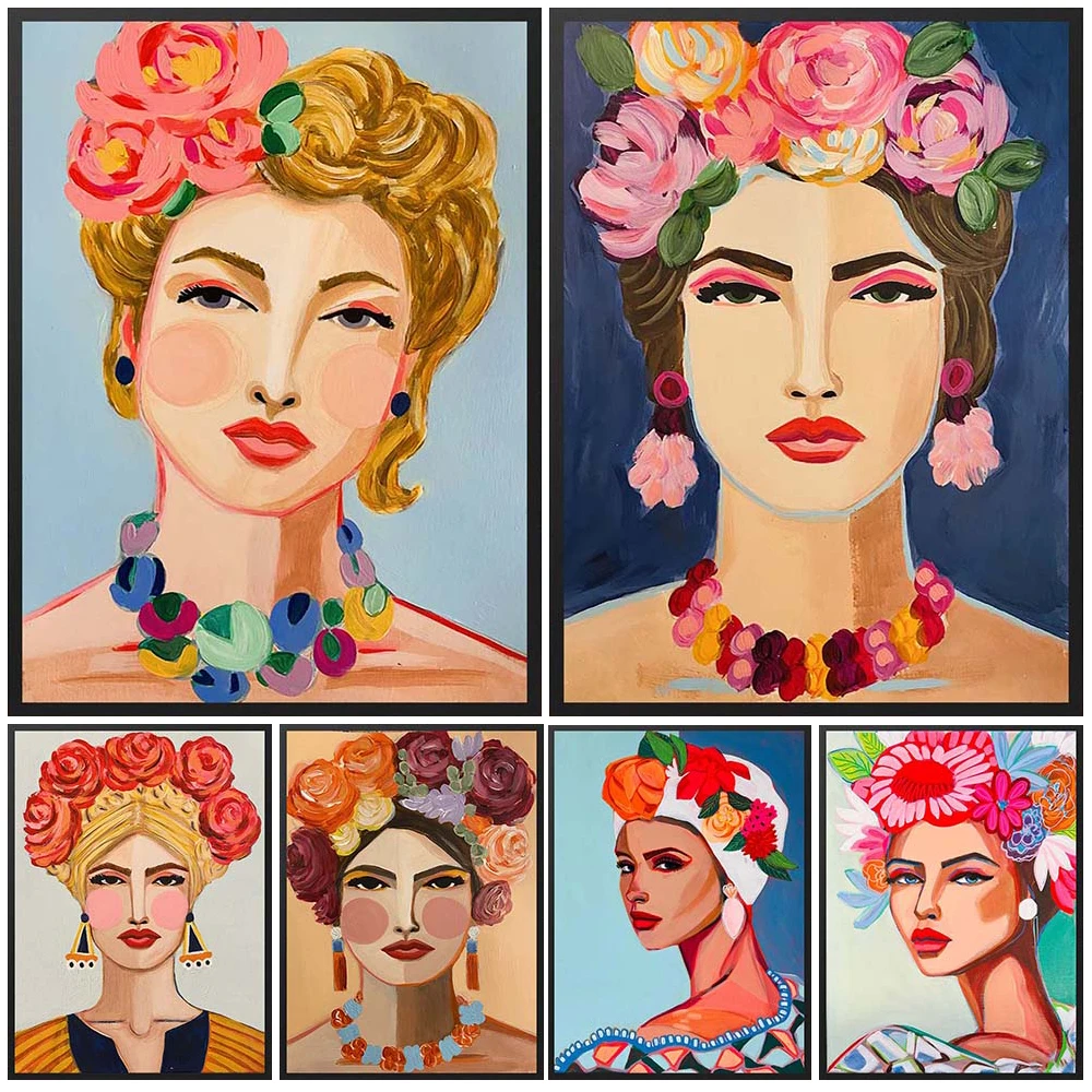 

Cartoon Girl Woman Portrait Poster Colorful Posters Wall Art Canvas Painting Home Decor Wall Pictures For Living Room Unframed