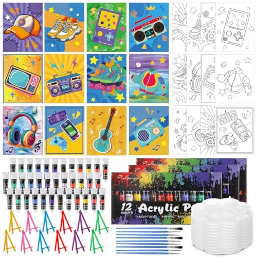 

108 Pcs 12 Set Sip and Paint Kit for Adults 8''x10'' Pre Drawn Canvas to Paint DIY Acrylic Painting Kit Pre Printed Canvas for