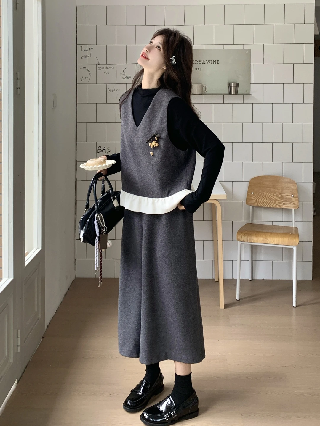 

Grey Color Block Wide Leg Pants Three Piece Set Women's Fashion Base Shirt Vest Spring Autumn New Style High Waist round Neck