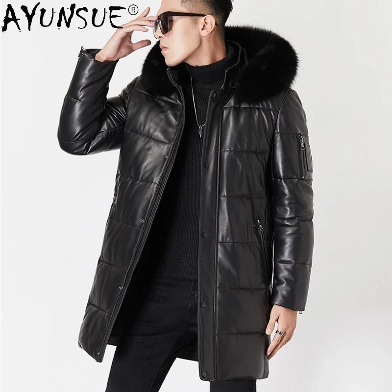 

AYUNSUE Genuine Leather Jacket Men Warm White Duck Down Coats Real Sheepskin Men's Winter Jackets Hooded Fox Fur Collar Parka