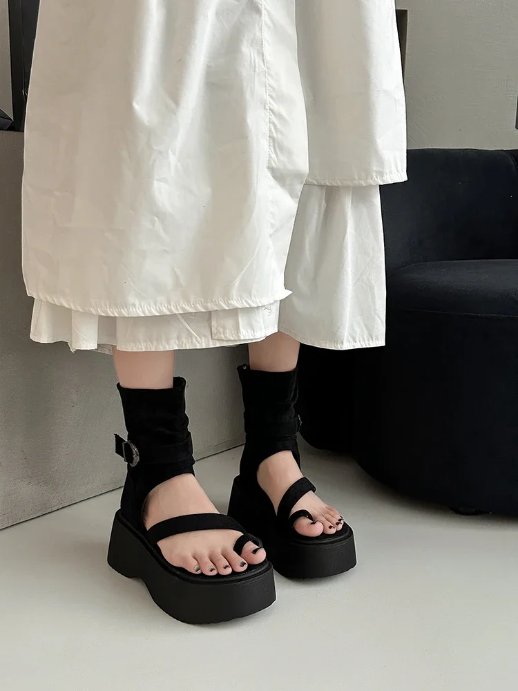 Thick Soled Height Increasing Roman Sandals Women's Shoes 2024 Summer Season New Cropped Toe Boots