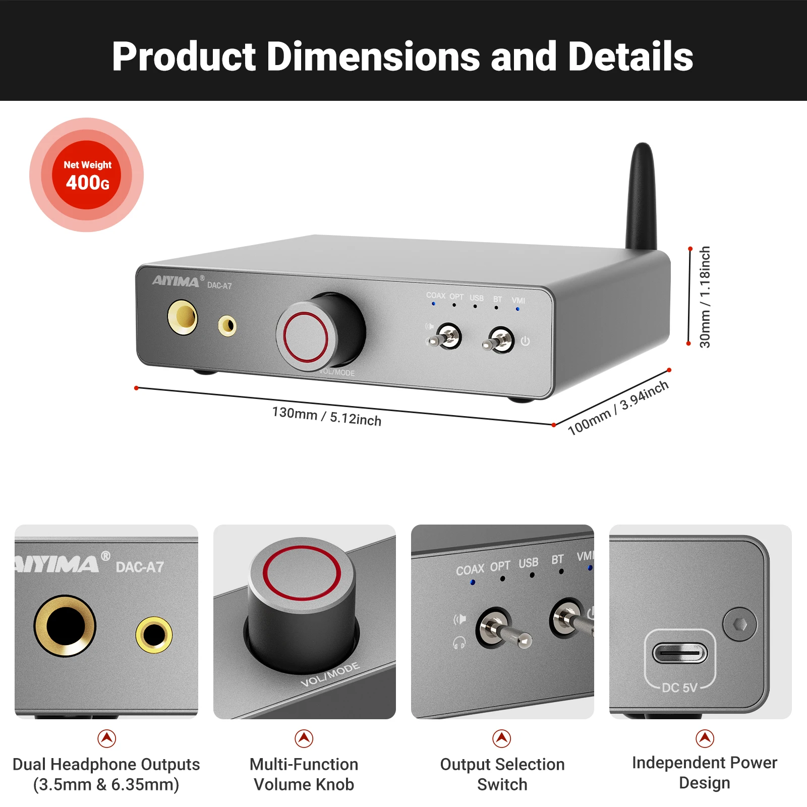 DAC-A7 HIFI Headphone Amplifier ES9038Q2M Audio USB Decoder Preamp Bluetooth 5.4 for 3.5/6.35mm Headphones Active Speaker