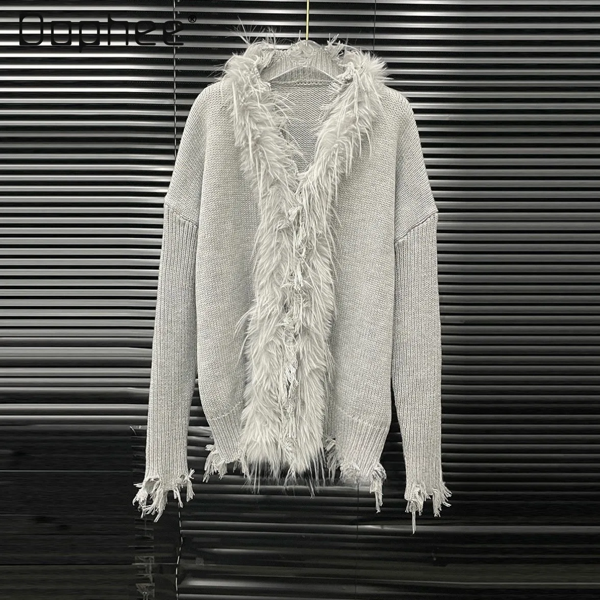 الكورية شيك العصرية الفراء طوق المرقعة محبوك سترة المرأة فضفاضة الموضة الراقية الخامس الرقبة طويلة الأكمام سترة الخريف الشتاء