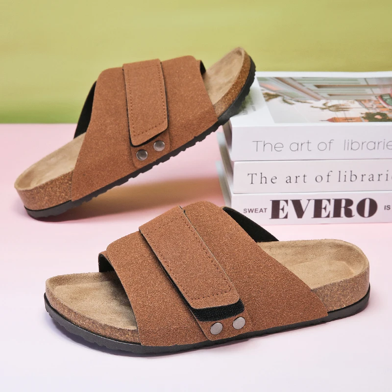 Cork Slippers Men Summer Beach Slides Suede Leather Womens Flat Sandals Fashionable Outdoor Male Mules Non Slip Babouche Femm