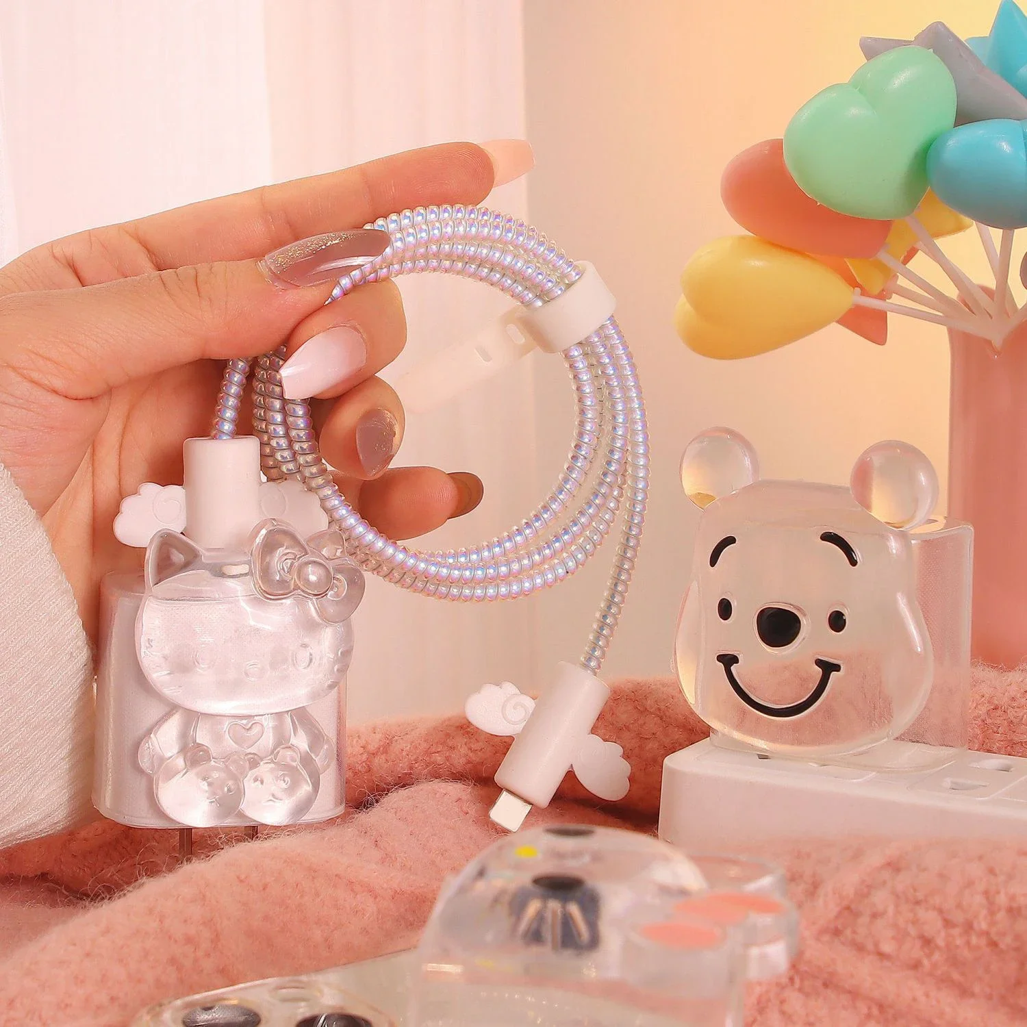 Disney Winnie the Pooh Charger Data Cable Line Protective Cover for iPhone 15 14 13/12 18W/20W Cartoon Cute USB-C Winding Rope