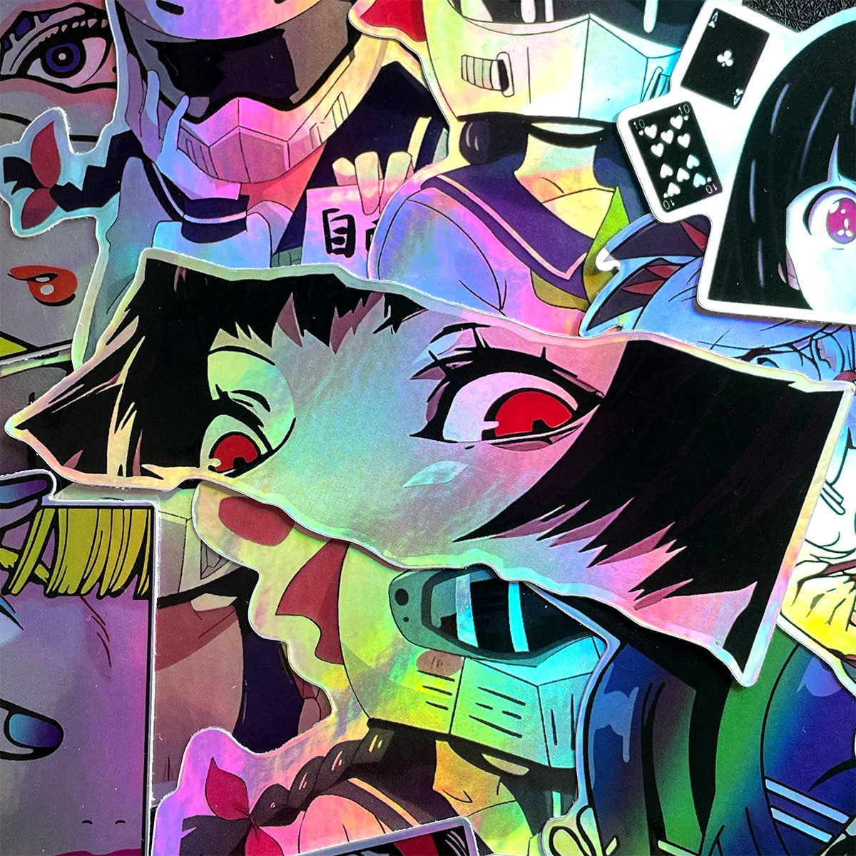 32 قطعة JDM أنيمي فتاة الليزر قوس قزح دراجة نارية ملصقات موتو دراجة سكوتر زجاج سيارة الجسم خوذة الفينيل اكسسوارات الشارات