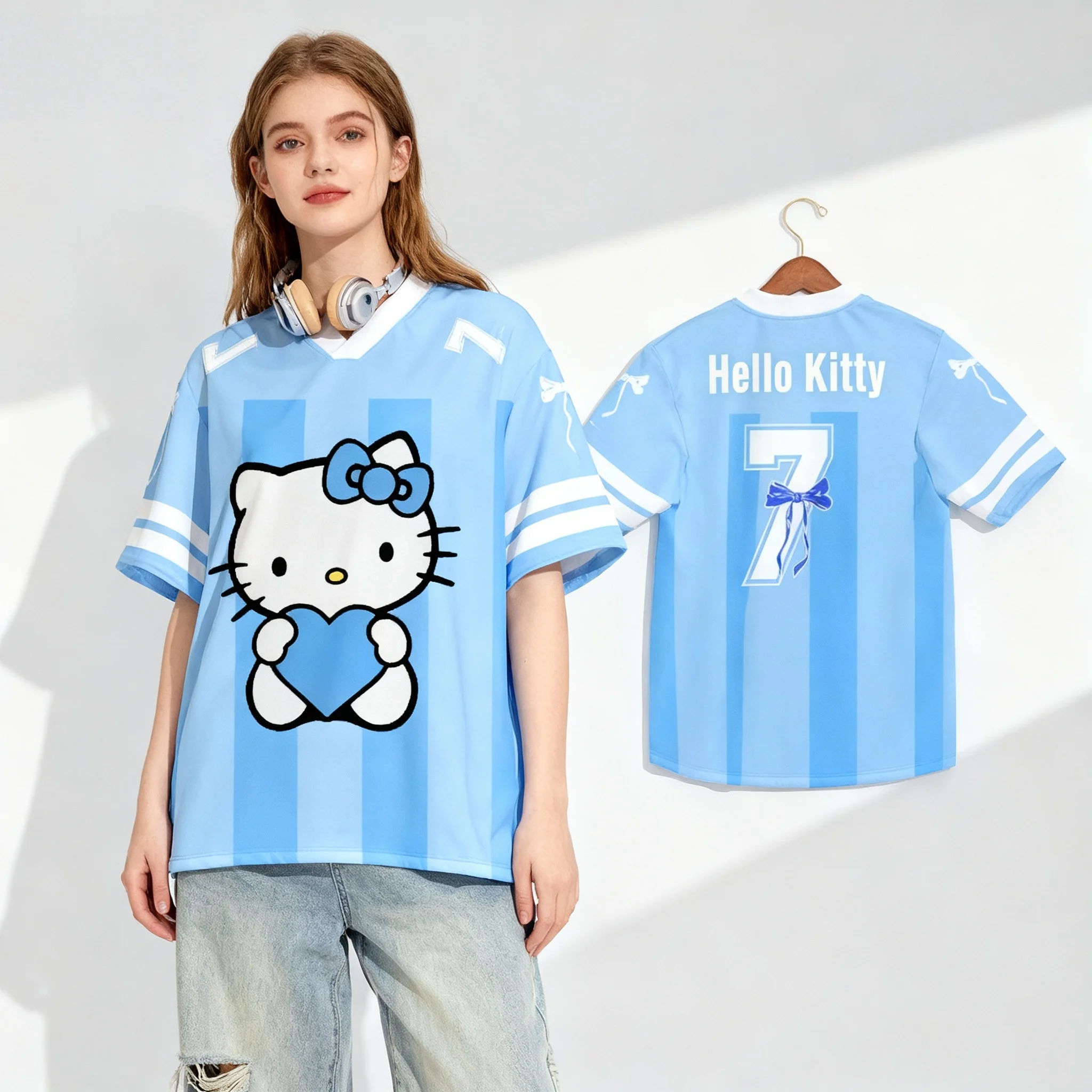 25/26 New Sanrio Hello Kitty No.7 Ball Dress Sweet Cool Summer T-shirt Oversized Women's and Men's Adult Casual Sports T-shirt
